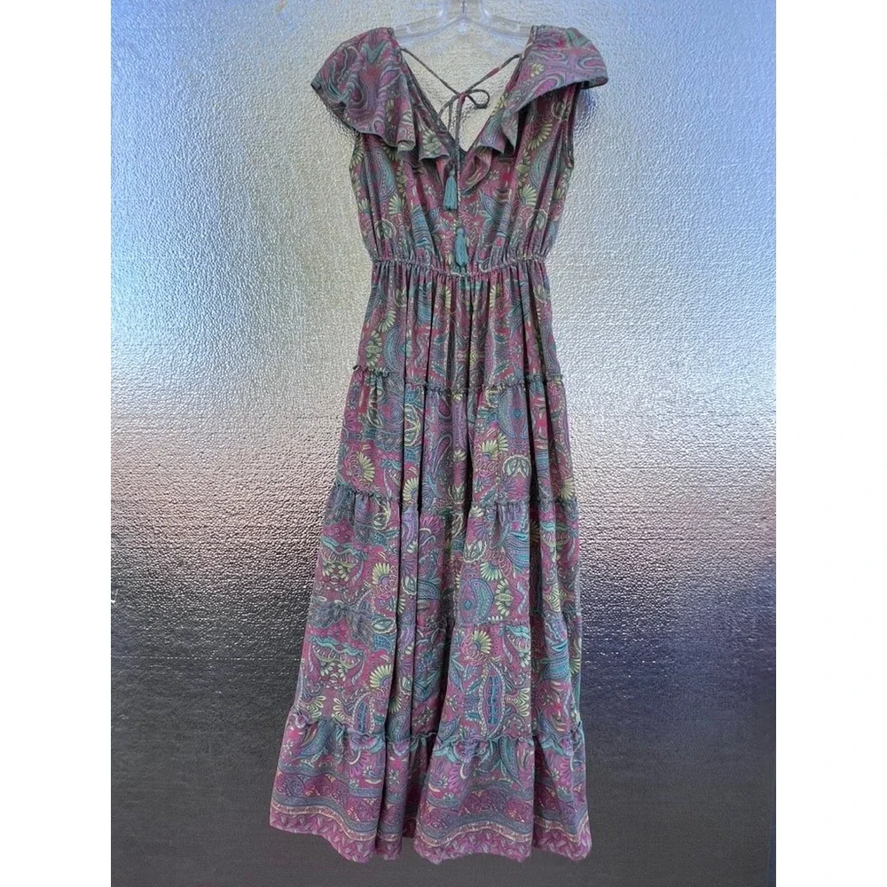 Boemo Pink Teal Paisley Ruffle Tiered Maxi Dress Boho Tassel Back Womens Medium‎